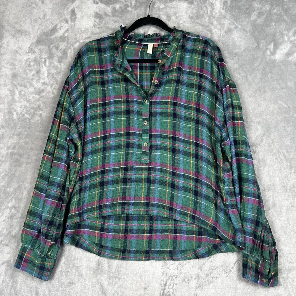Anthropologie Pilcro Plaid Blouse Cropped Puff-Sleeve Soft Crinkle Green   Large